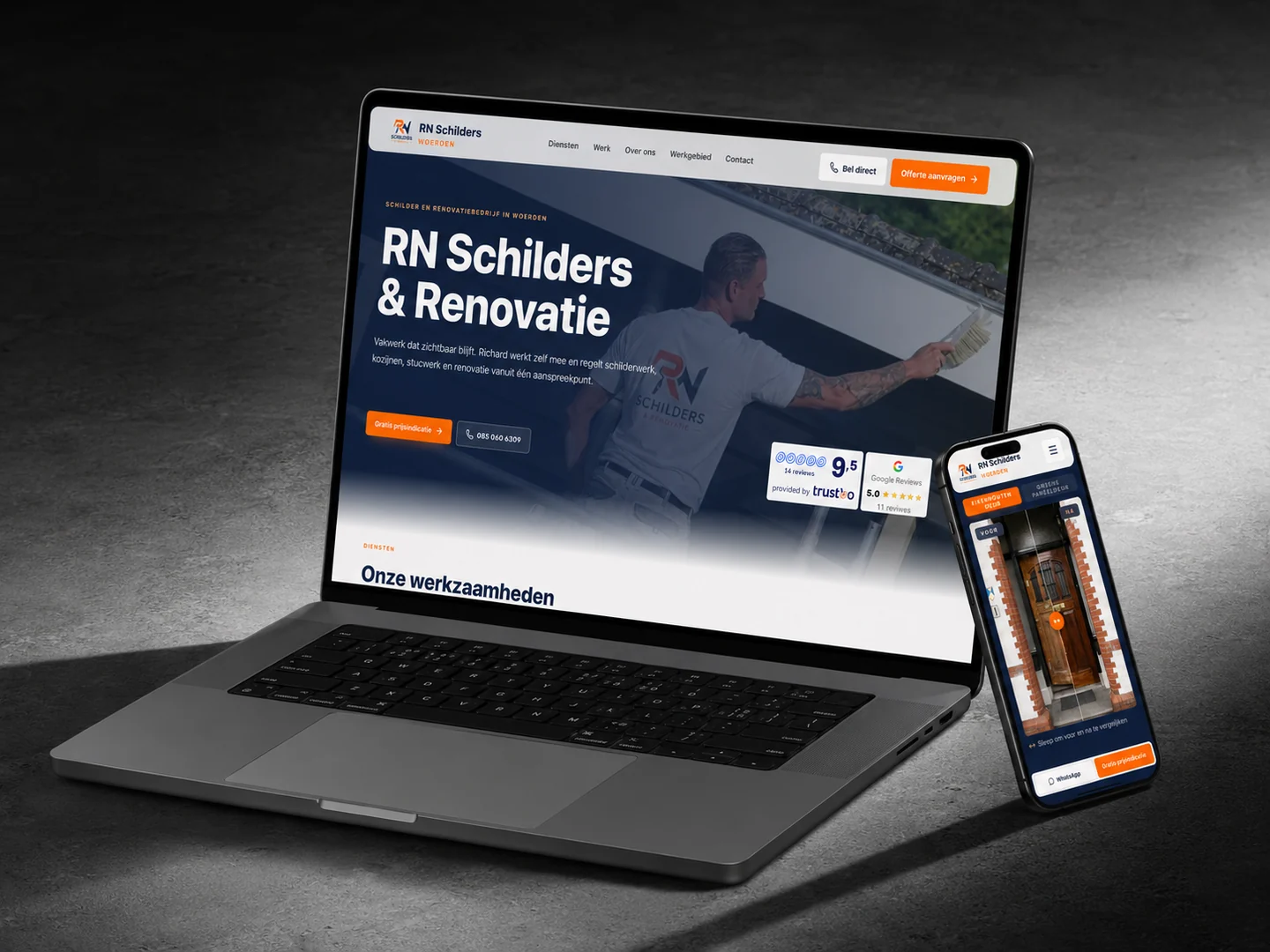 Website van RN Schilders & Renovatie op een laptop en telefoon