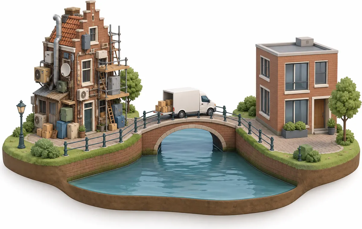Illustratie van een busje dat verhuisdozen over een brug rijdt, van een rommelig oud pand naar een strak nieuw pand