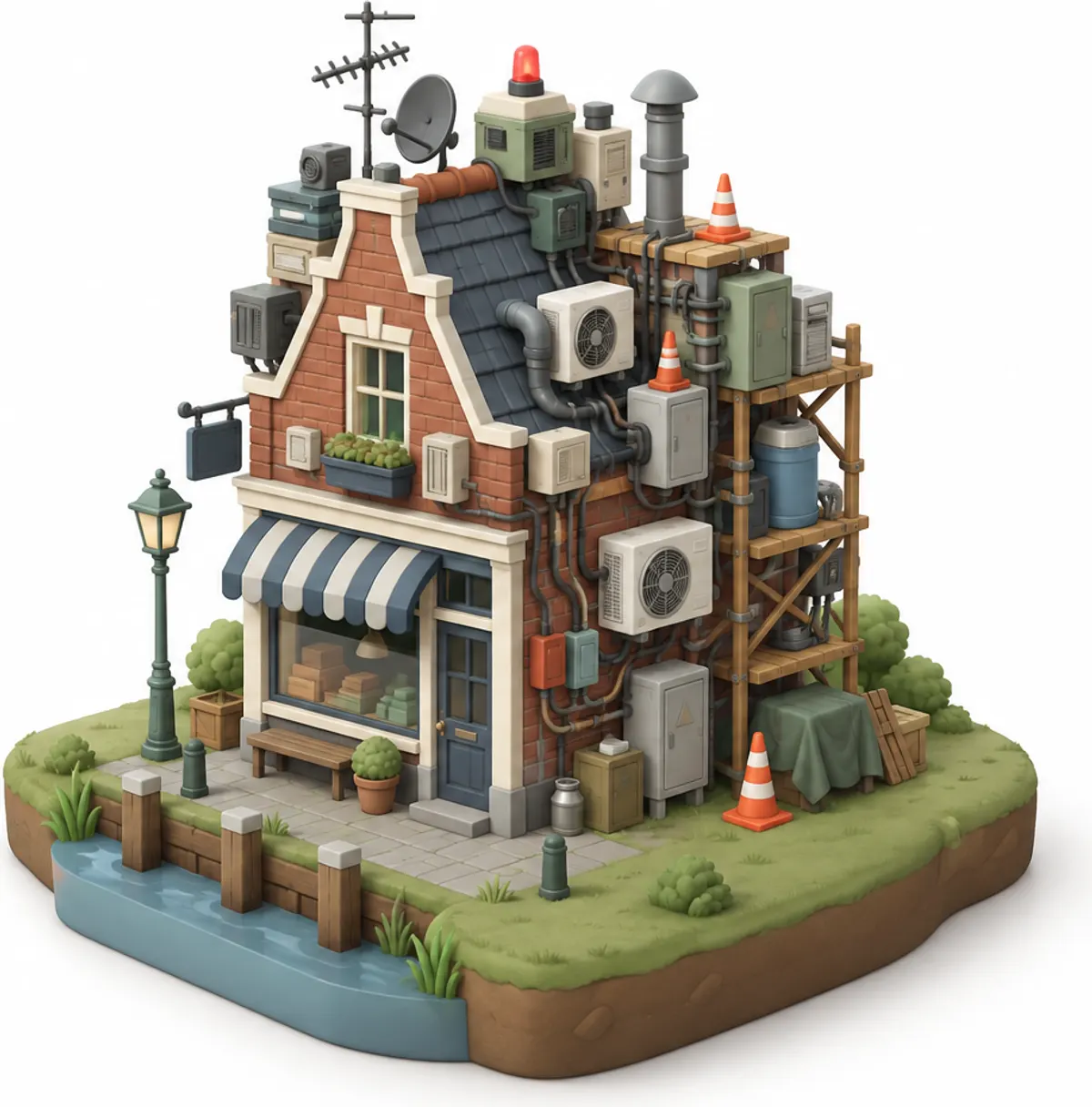 Illustratie van een klein winkelpand vol vastgeschroefde kastjes en kabels, als beeld voor een WordPress-site met te veel plugins